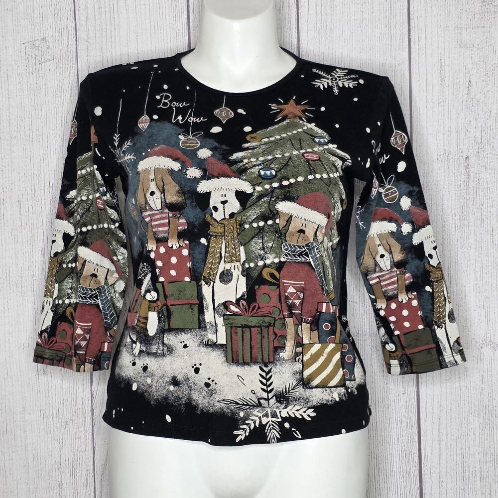 Jess & Jane Christmas Dog Shirt L Bow Wow Santa Holiday Novelty Made USA